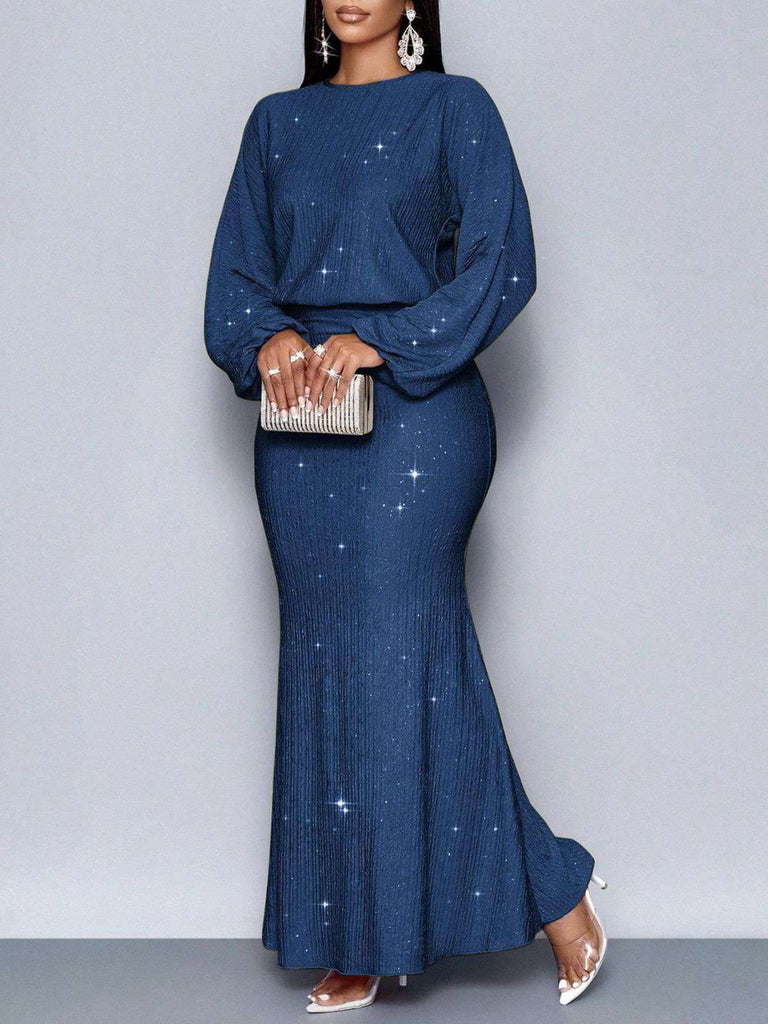 Abito a sirena in maglia glitter con maniche a lanterna anni '30