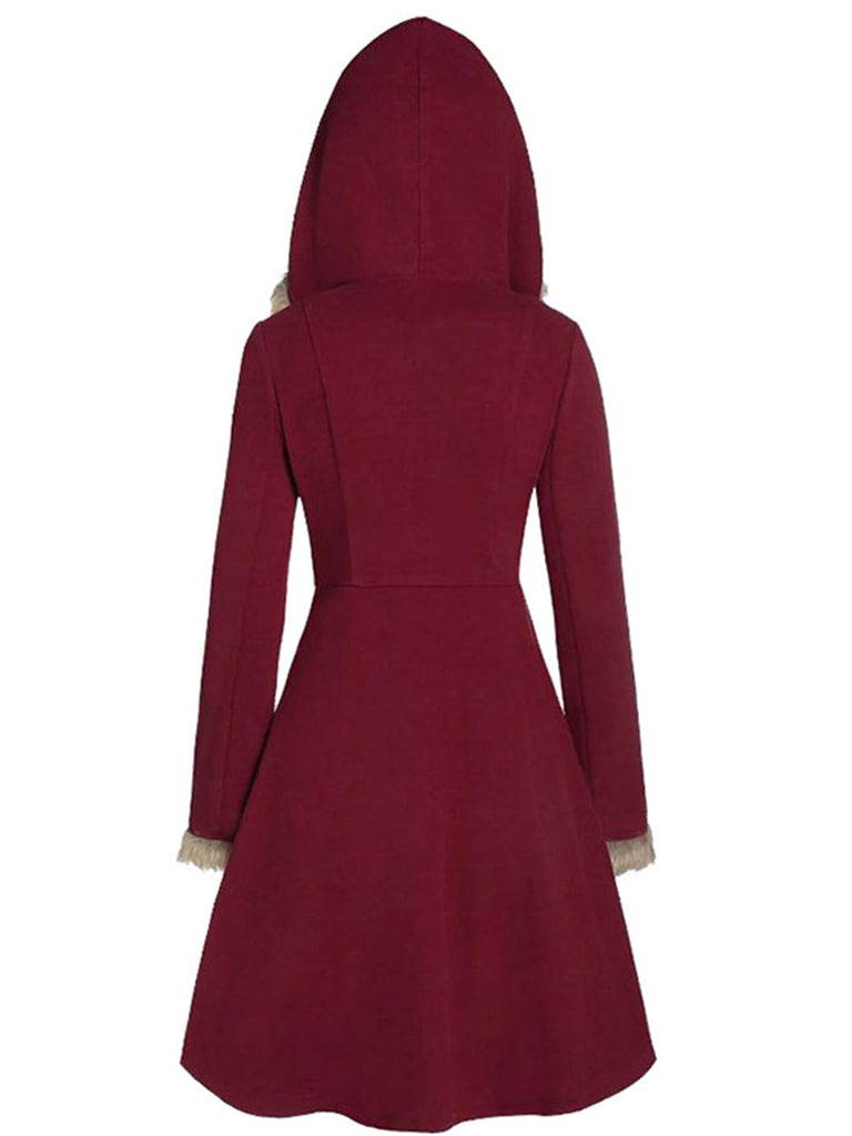 Cappotto con fibbia solida e rifiniture in pelliccia bordeaux anni '50