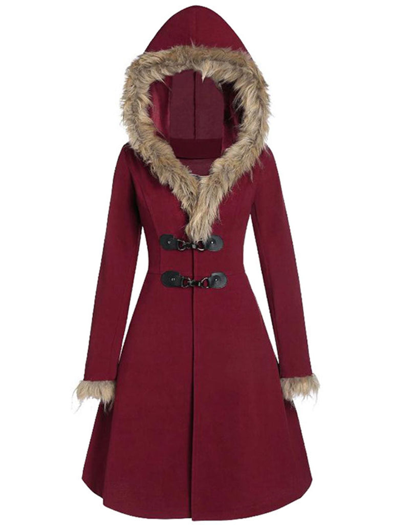 Cappotto con fibbia solida e rifiniture in pelliccia bordeaux anni '50