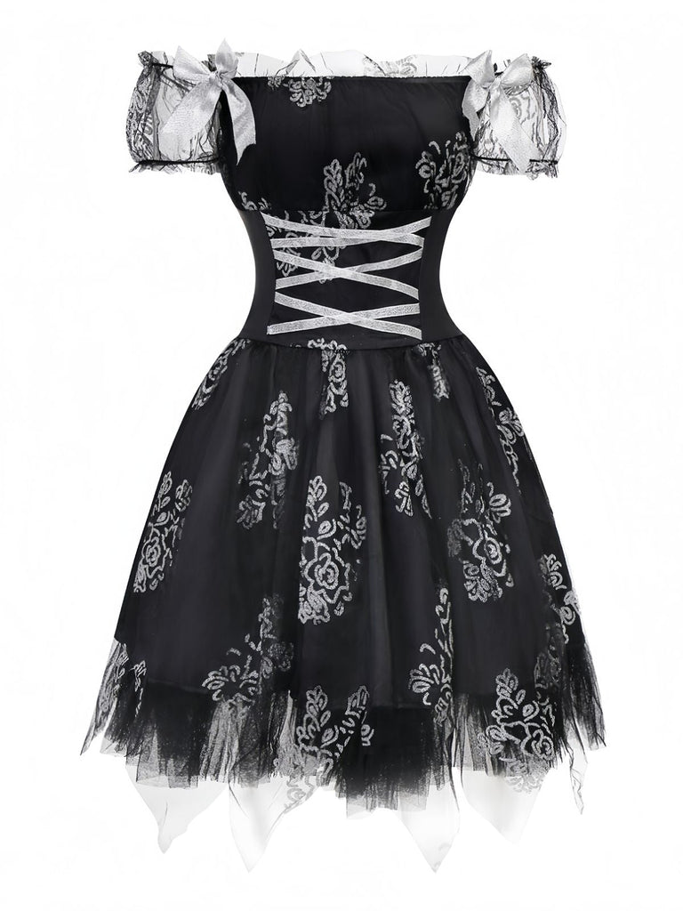 Abito sposa vampiro in rete con spalle scoperte nero anni '70