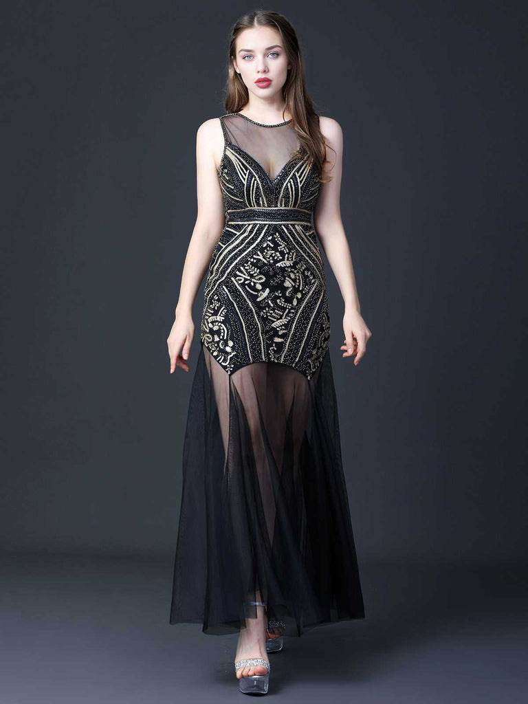 Abito nero scollo rotondo perline trasparenti anni '20