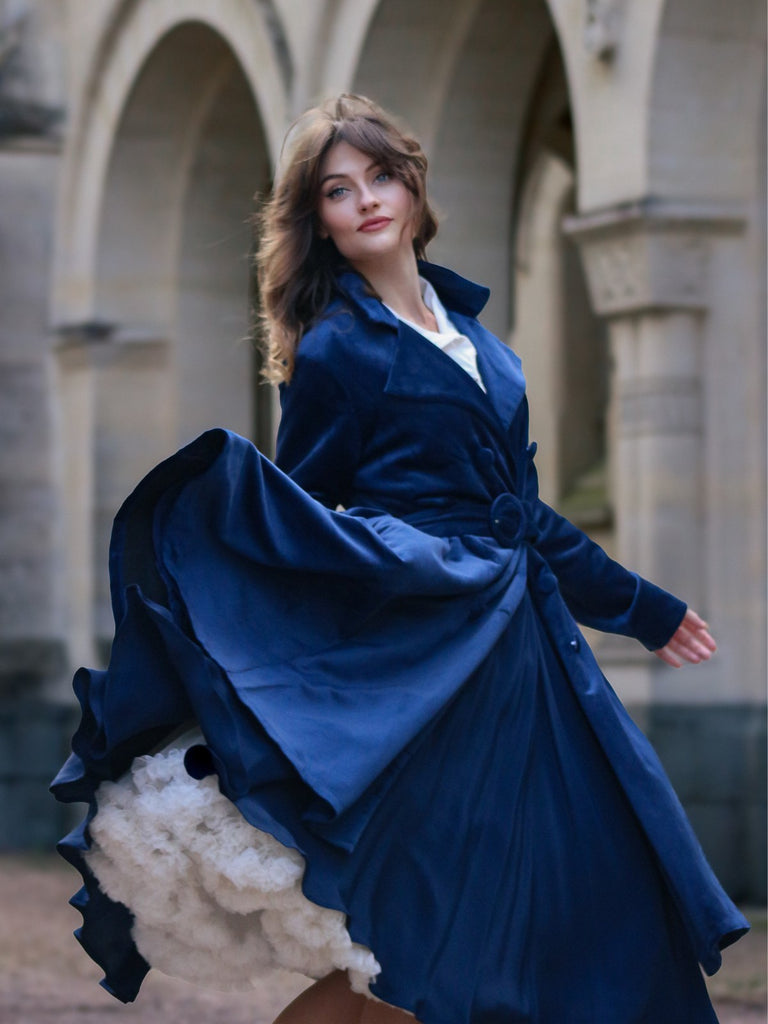 Cappotto lungo in velluto blu navy anni '50