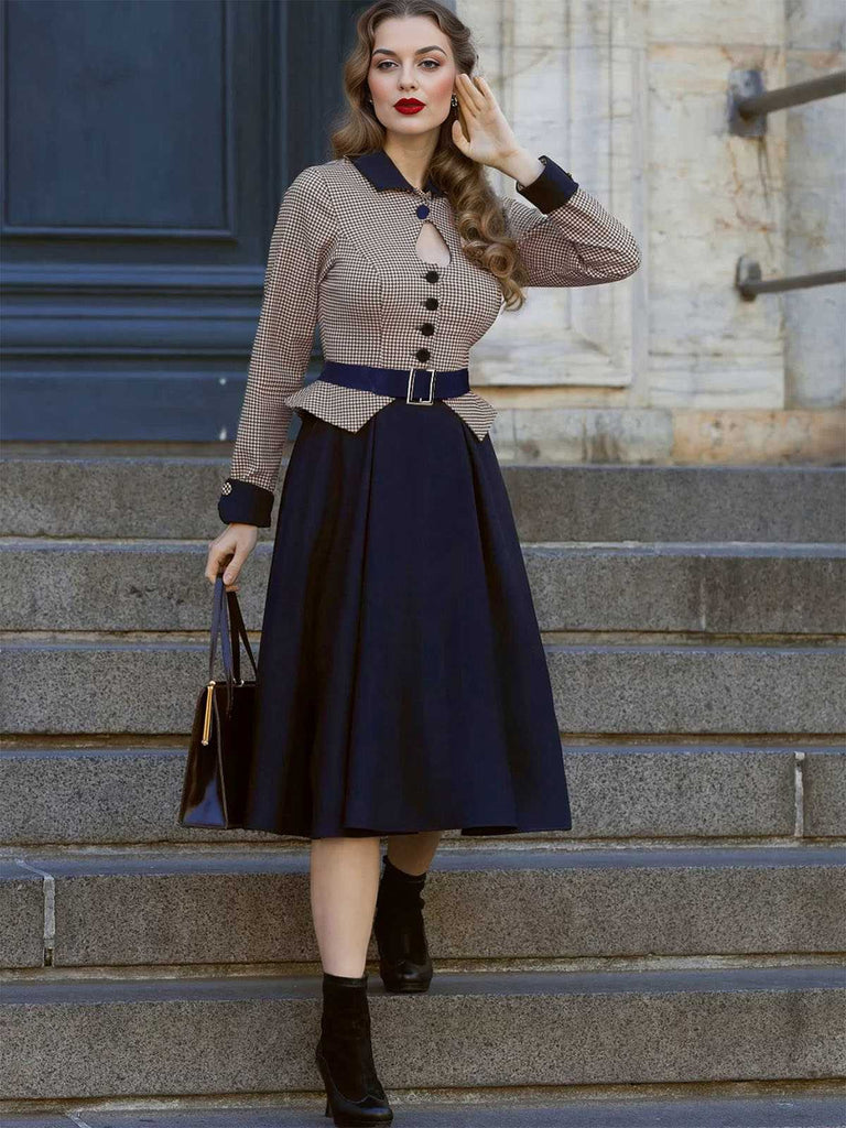 Abito pied de poule  con cintura patchwork blu scuro anni '50