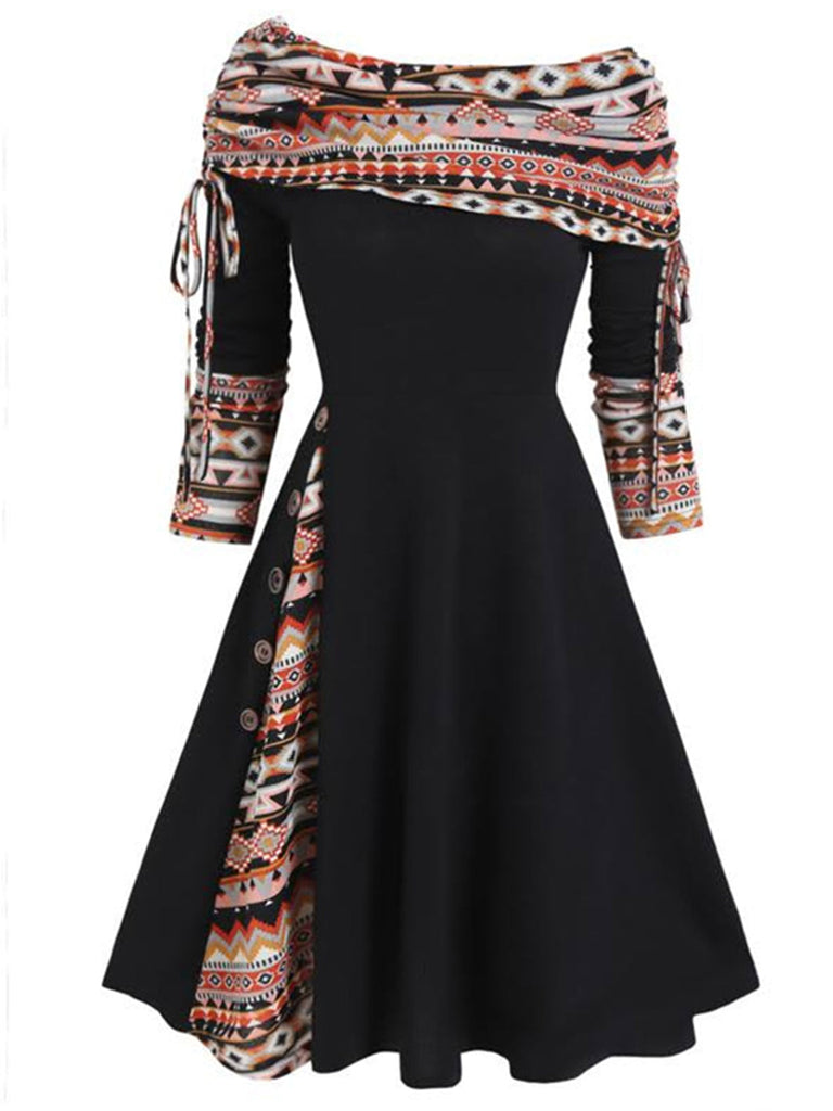 Abito a quadri a spalle scoperte e patchwork anni '50