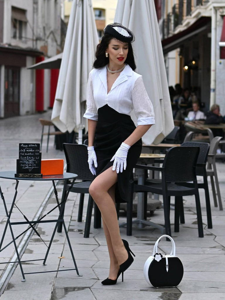 Abito aderente con risvolto bianco e nero anni '60