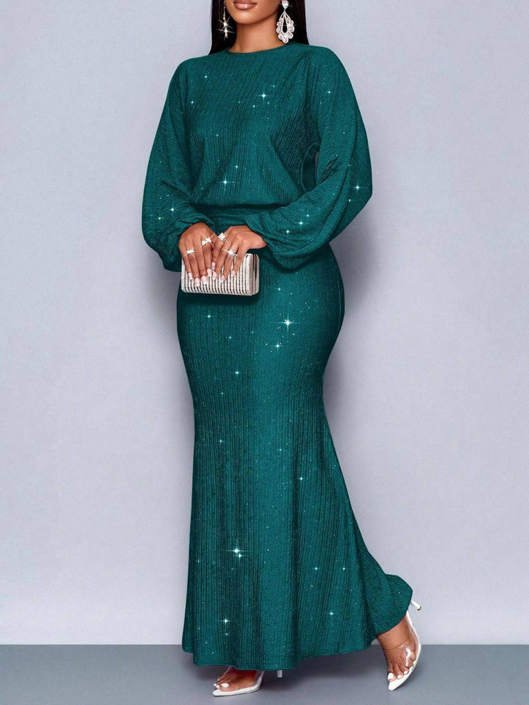 Abito a sirena in maglia glitter con maniche a lanterna anni '30