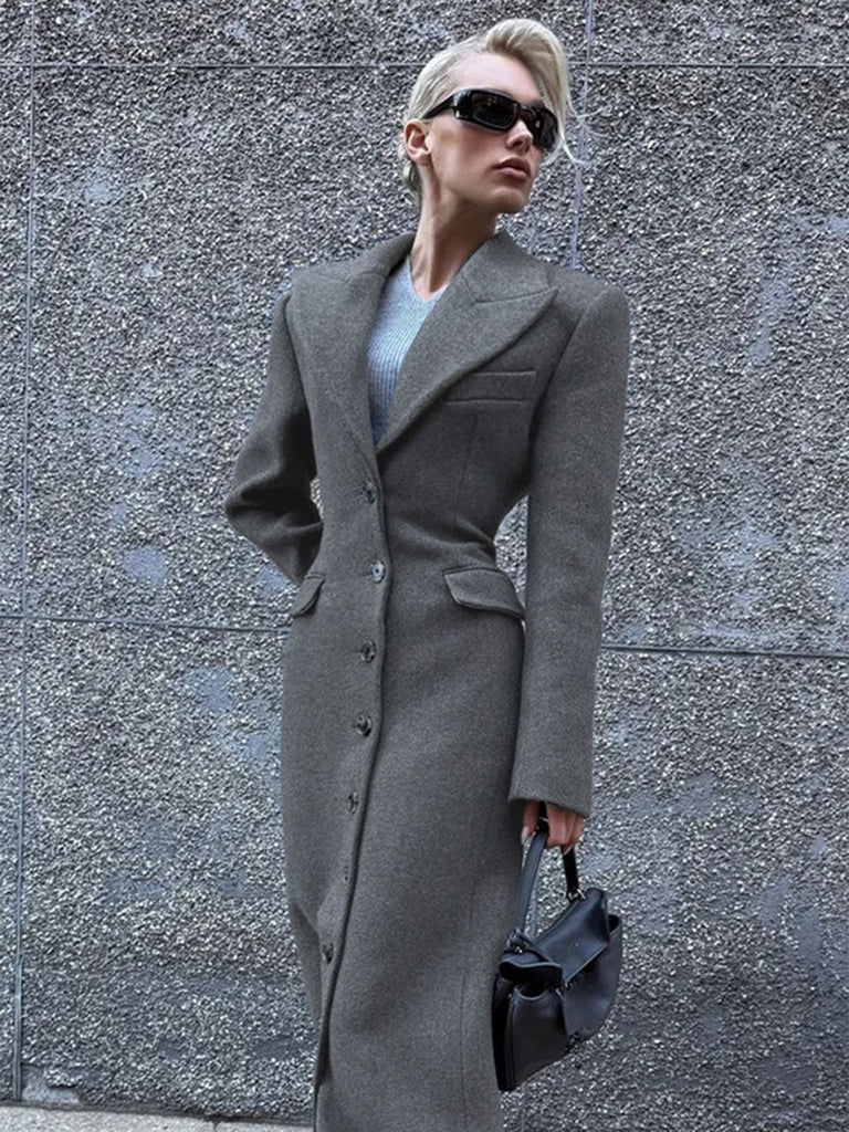 Cappotto in lana con bottoni e revers a tinta unita grigio anni '30