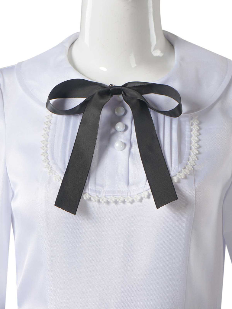 Abito a quadri con fiocco e colletto Peter Pan grigio anni '40