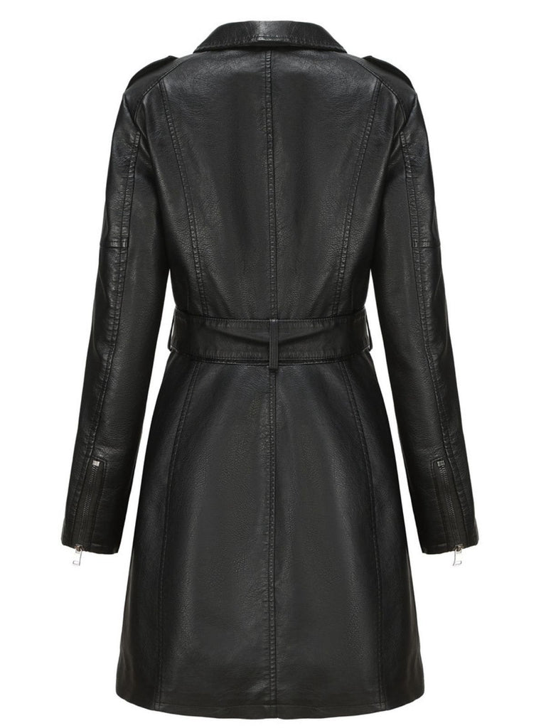 Giacca lunga in pelle con cintura e revers anni '60