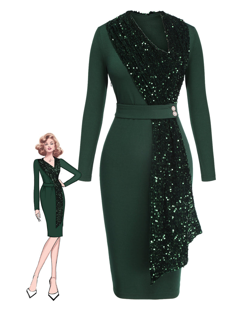 Abito glitterato con cintura e patchwork verde anni '60