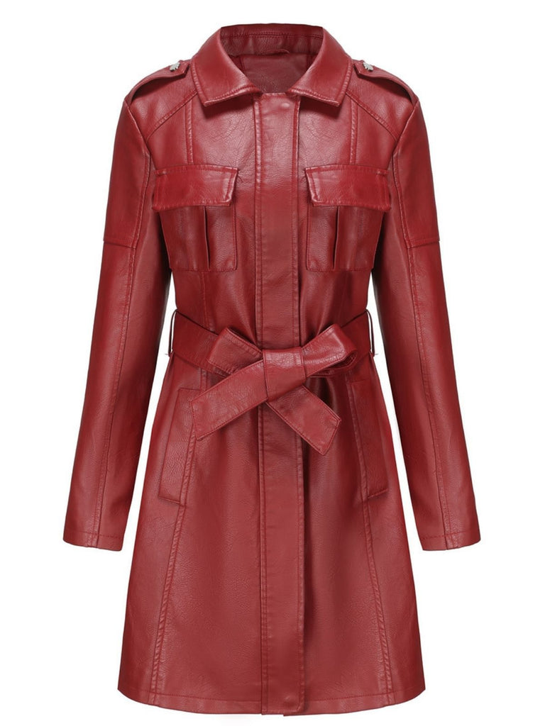 Giacca lunga in pelle con cintura e revers anni '60