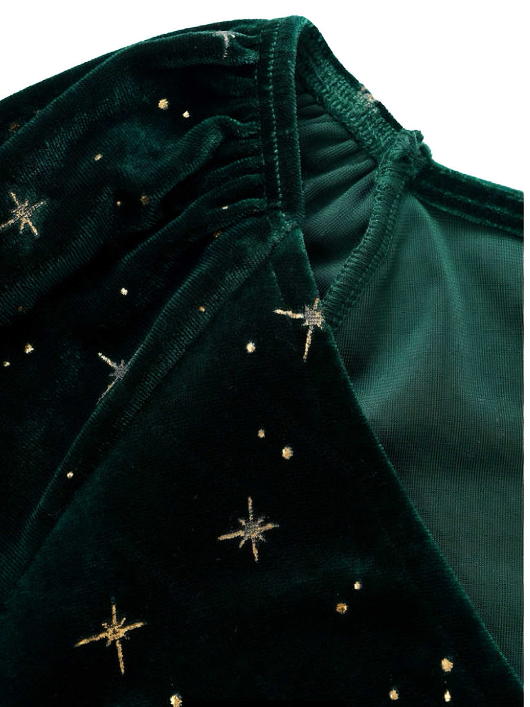Abito in velluto con scollo a V e stelle verde scuro anni '40