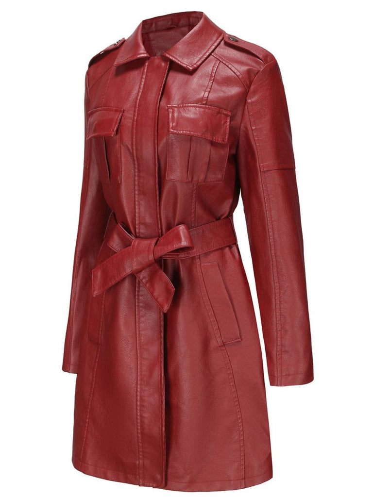 Giacca lunga in pelle con cintura e revers anni '60