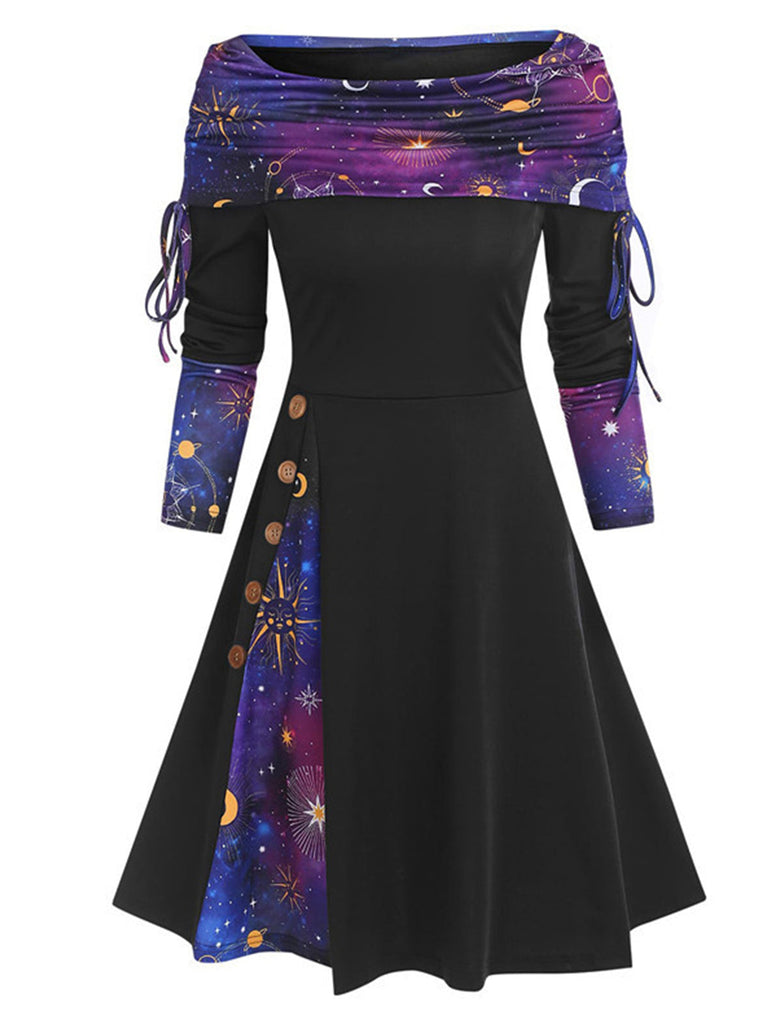 Abito a quadri a spalle scoperte e patchwork anni '50