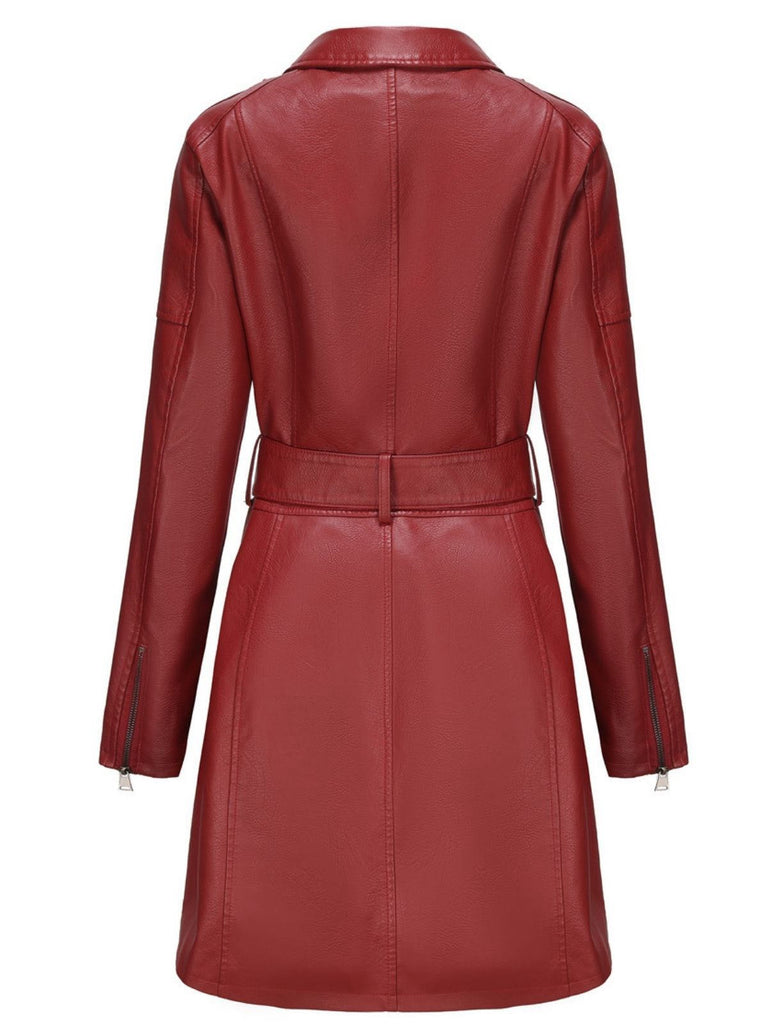 Giacca lunga in pelle con cintura e revers anni '60