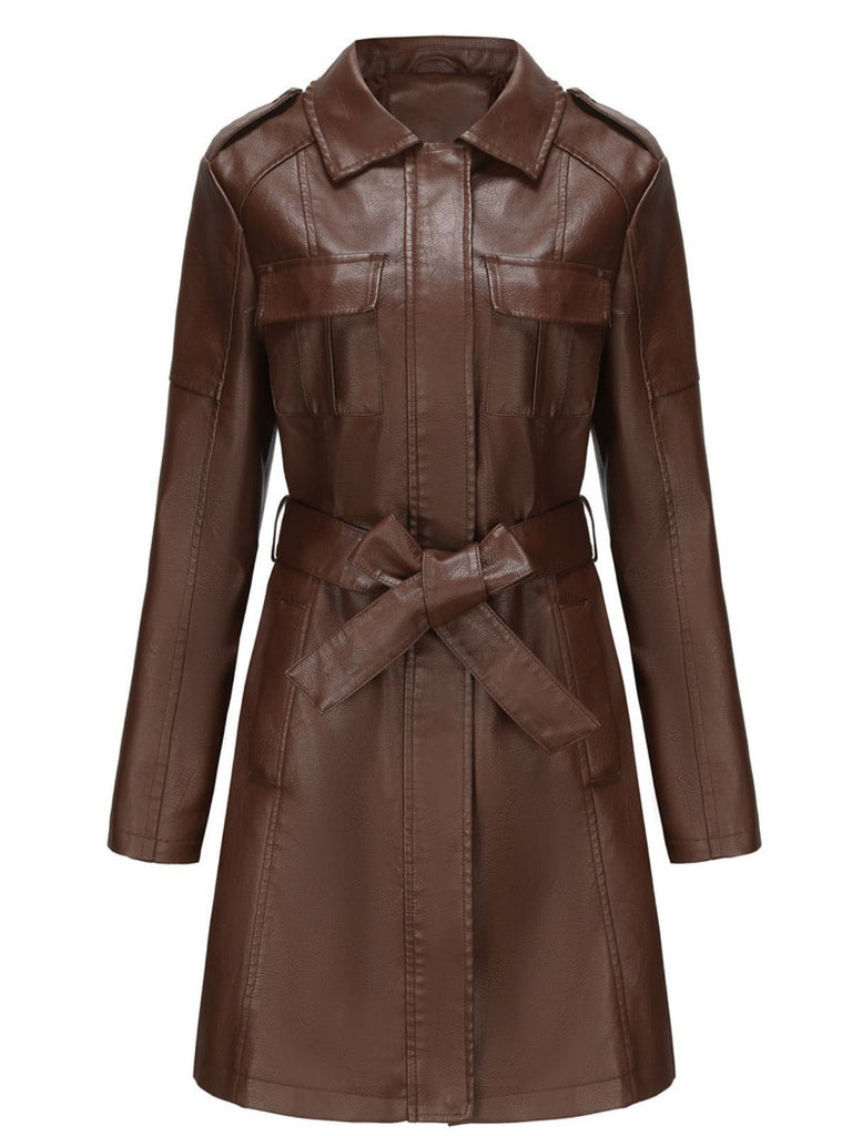 Giacca lunga in pelle con cintura e revers anni '60