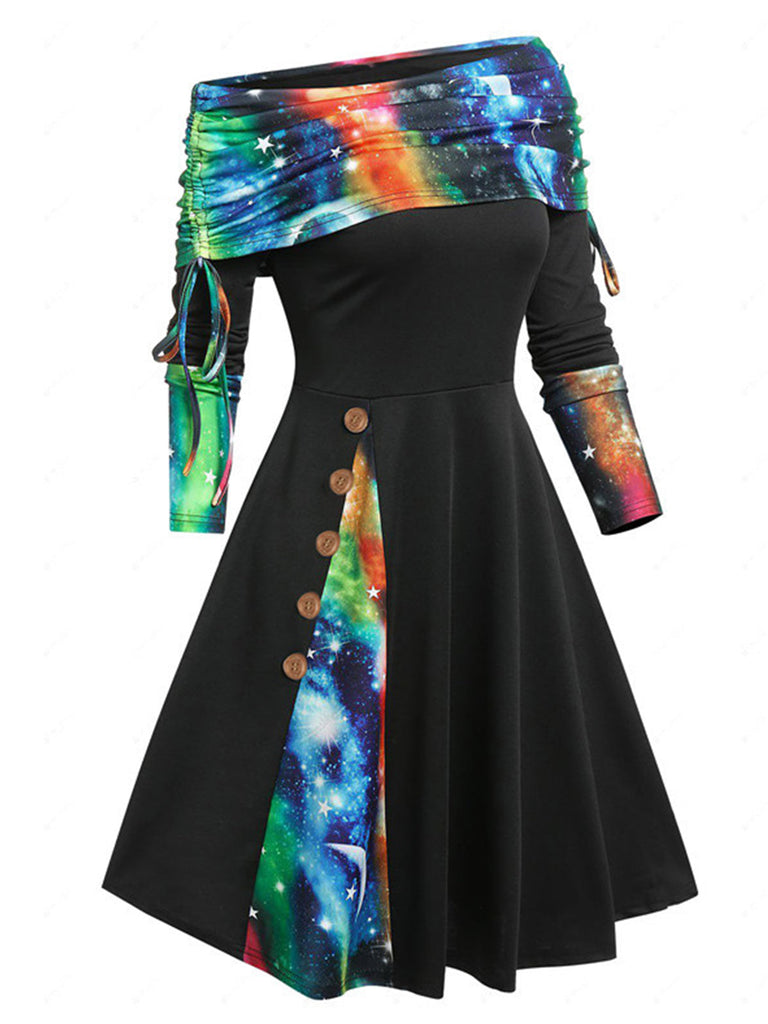 Abito a quadri a spalle scoperte e patchwork anni '50