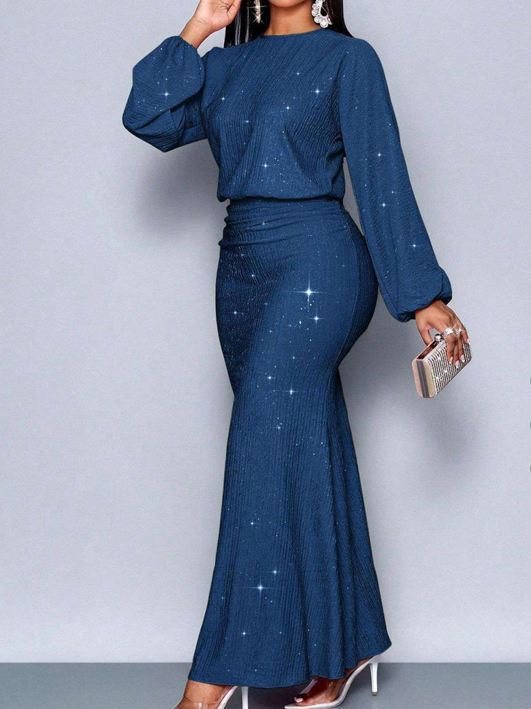 Abito a sirena in maglia glitter con maniche a lanterna anni '30