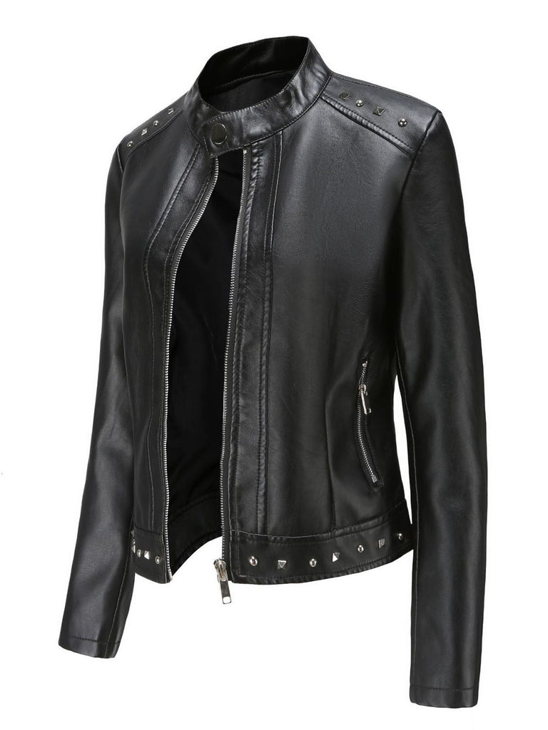 Giacca in pelle con collo alto e borchie anni '40