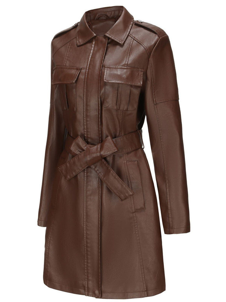 Giacca lunga in pelle con cintura e revers anni '60