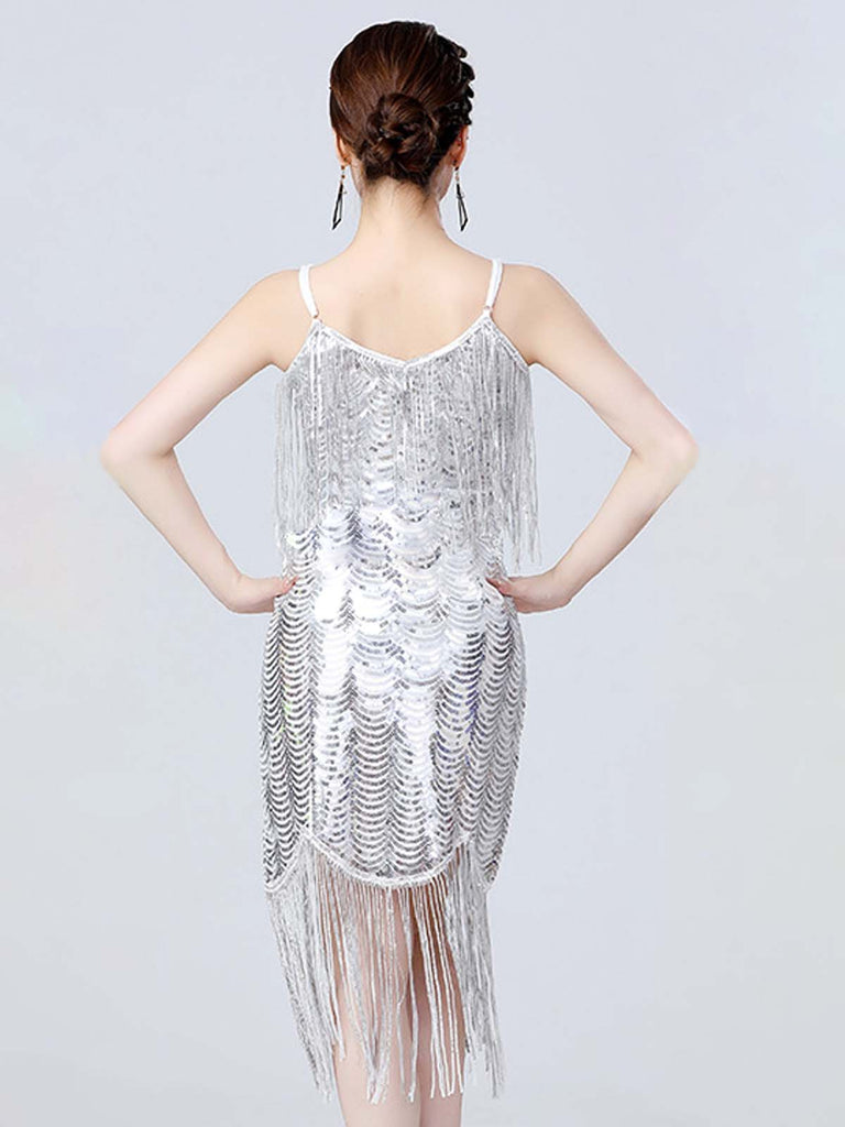 Abito da sera tunica con scollo a V e frange anni '20