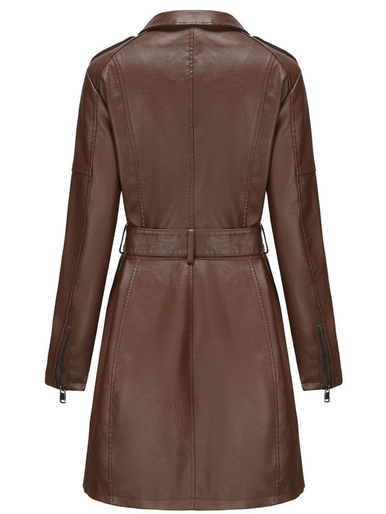 Giacca lunga in pelle con cintura e revers anni '60