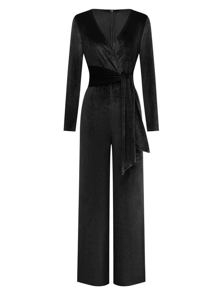 Tuta lunga in velluto con scollo a V profondo e maniche lunghe anni '70
