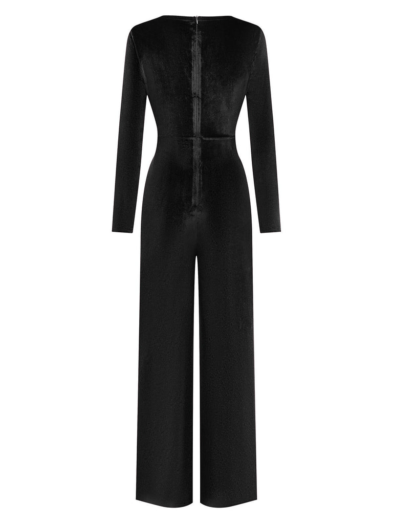 Tuta lunga in velluto con scollo a V profondo e maniche lunghe anni '70