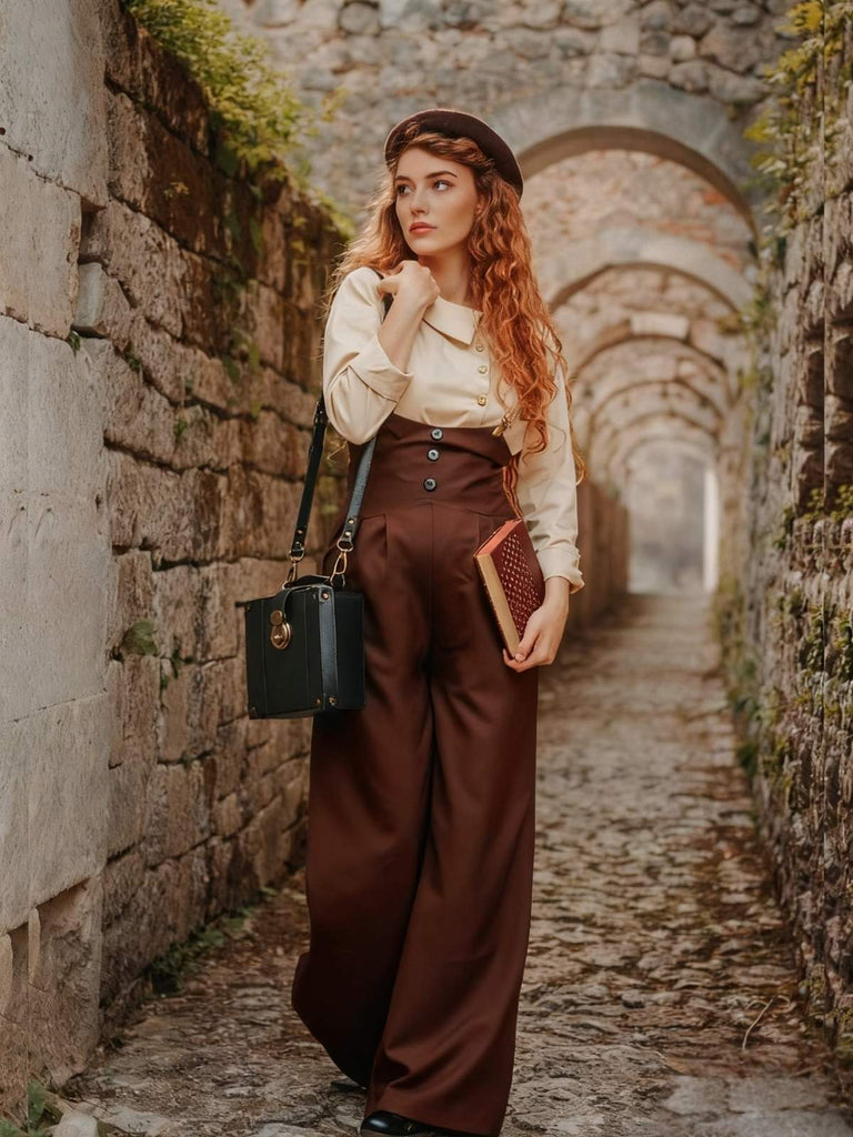 2PCS Camicetta in cotone e pantaloni con bretelle anni '30