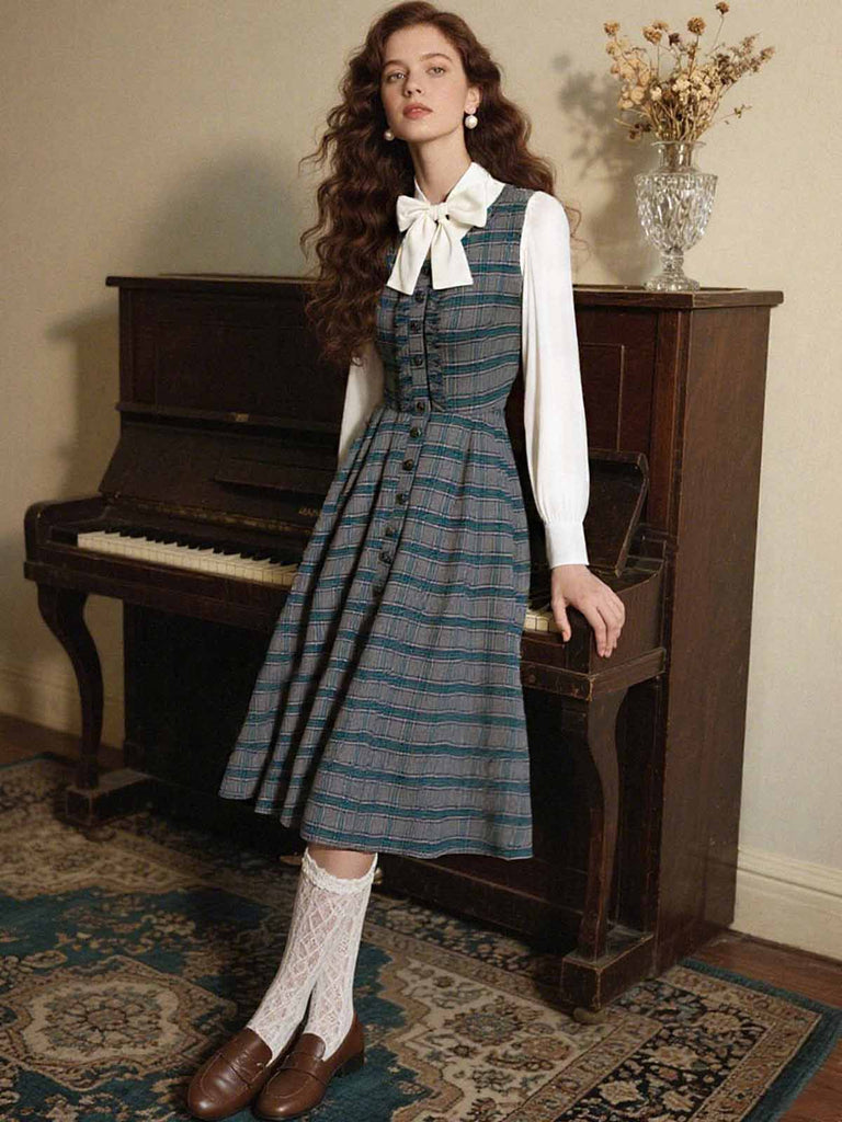 2PCS Abito grigio a quadri e camicetta cotone anni '50