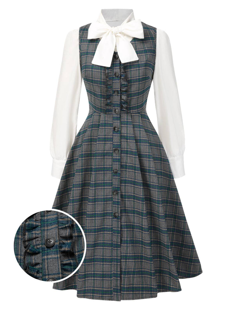 2PCS Abito grigio a quadri e camicetta cotone anni '50