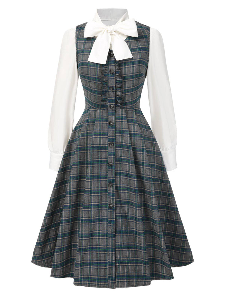 2PCS Abito grigio a quadri e camicetta cotone anni '50