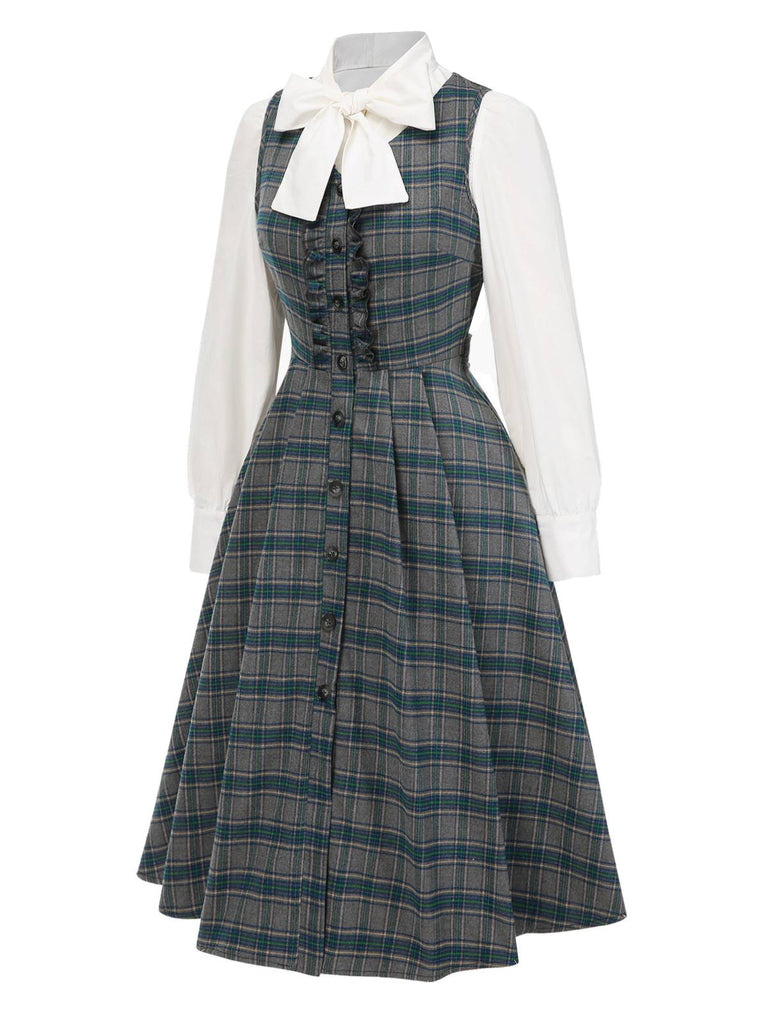 2PCS Abito grigio a quadri e camicetta cotone anni '50