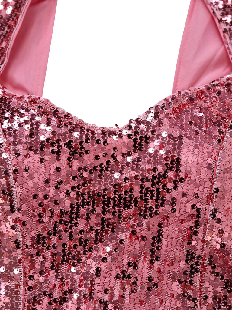 Abito lungo con spacco alto in paillettes rosa anni '20