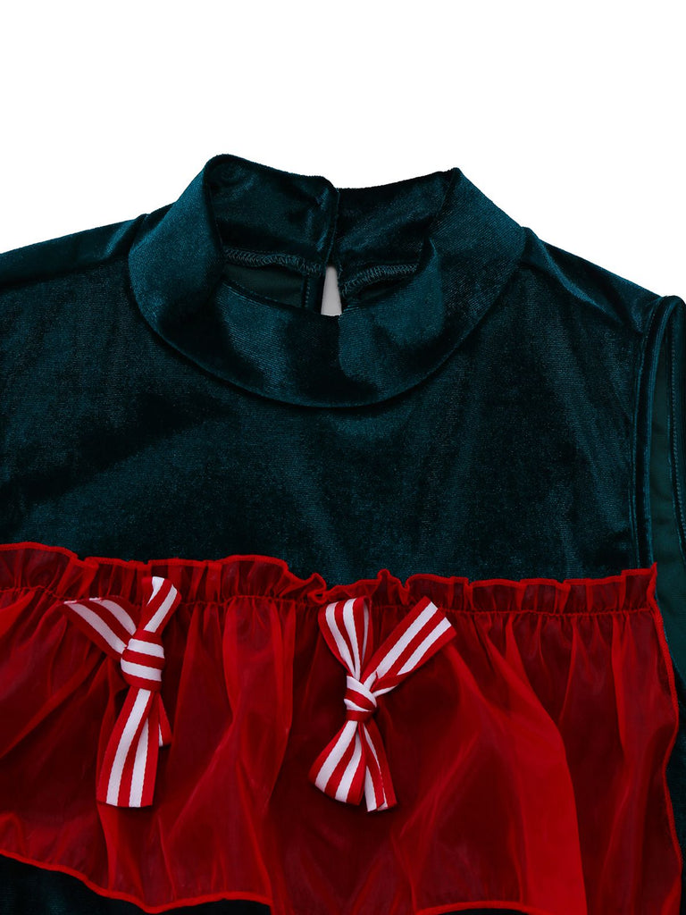 Abito con fiocco in rete e albero di Natale rosso anni '60