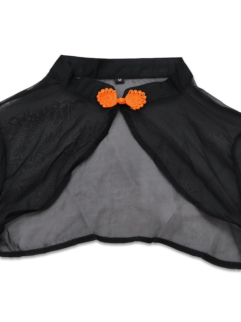 Abito pizzo floreale con mantello e cappello arancione anni '40