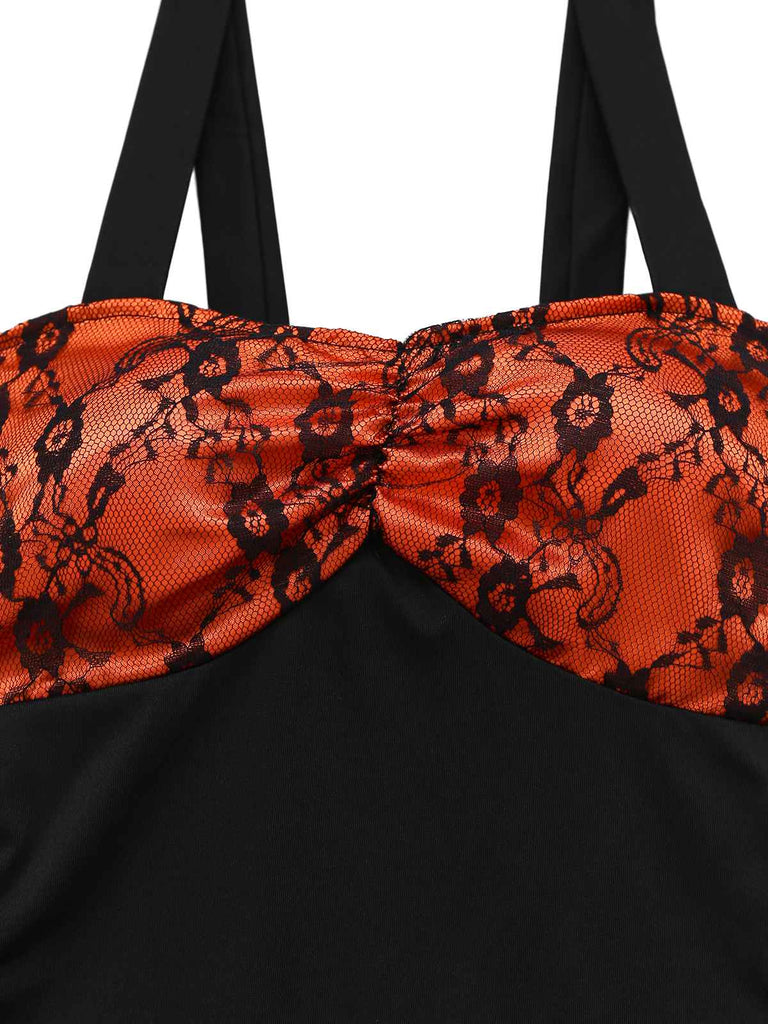 Abito pizzo floreale con mantello e cappello arancione anni '40