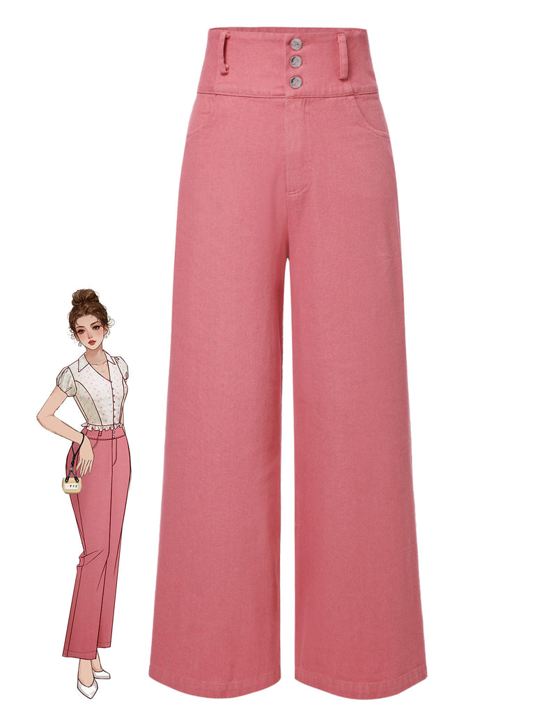 Pantaloni rosa in cotone con bottoni a rose anni '50
