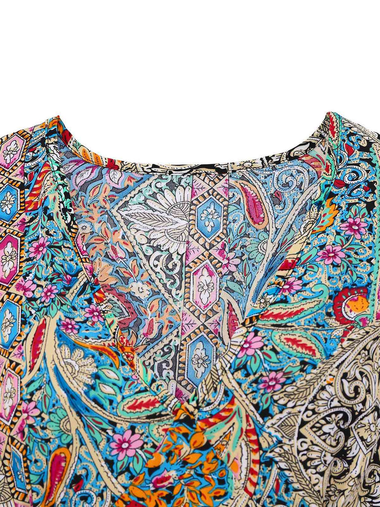 Abito paisley floreale bohémien maniche a campana multicolore anni '70