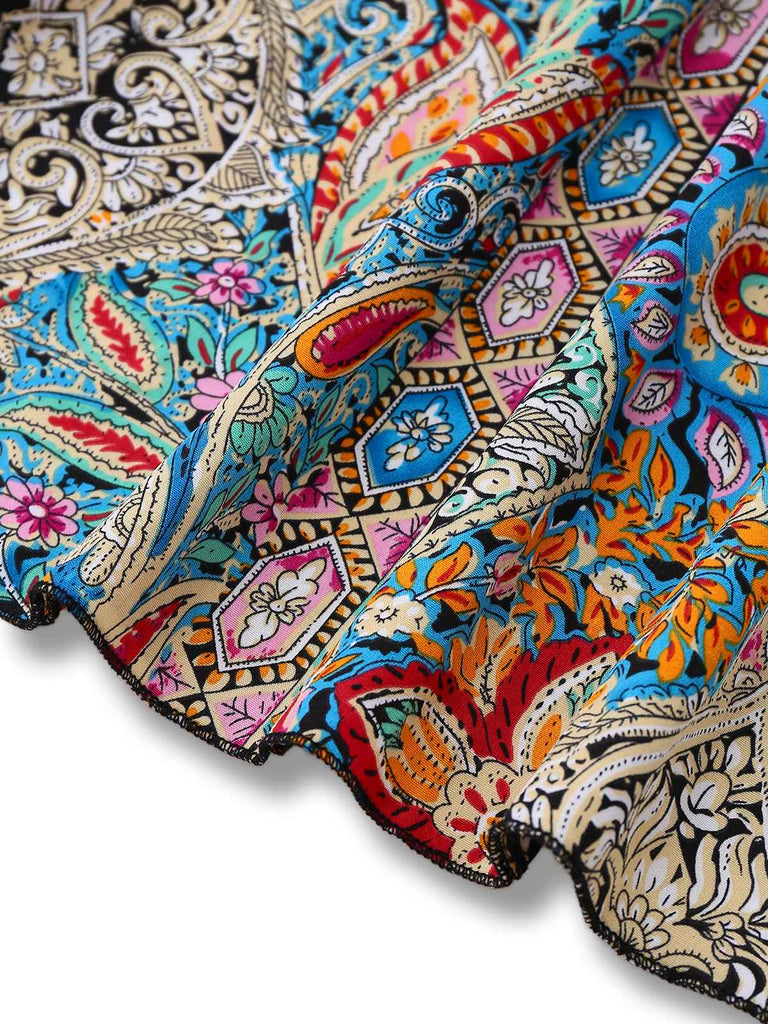 Abito paisley floreale bohémien maniche a campana multicolore anni '70