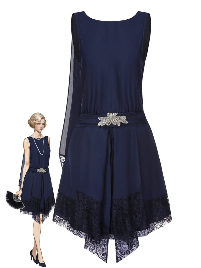 Abito in pizzo e strass con patchwork blu anni '20