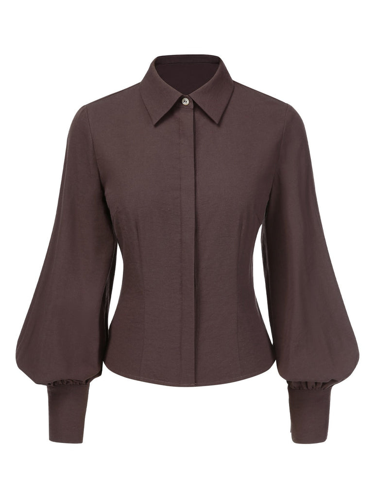 Camicetta con maniche a lanterna e revers marrone anni '50