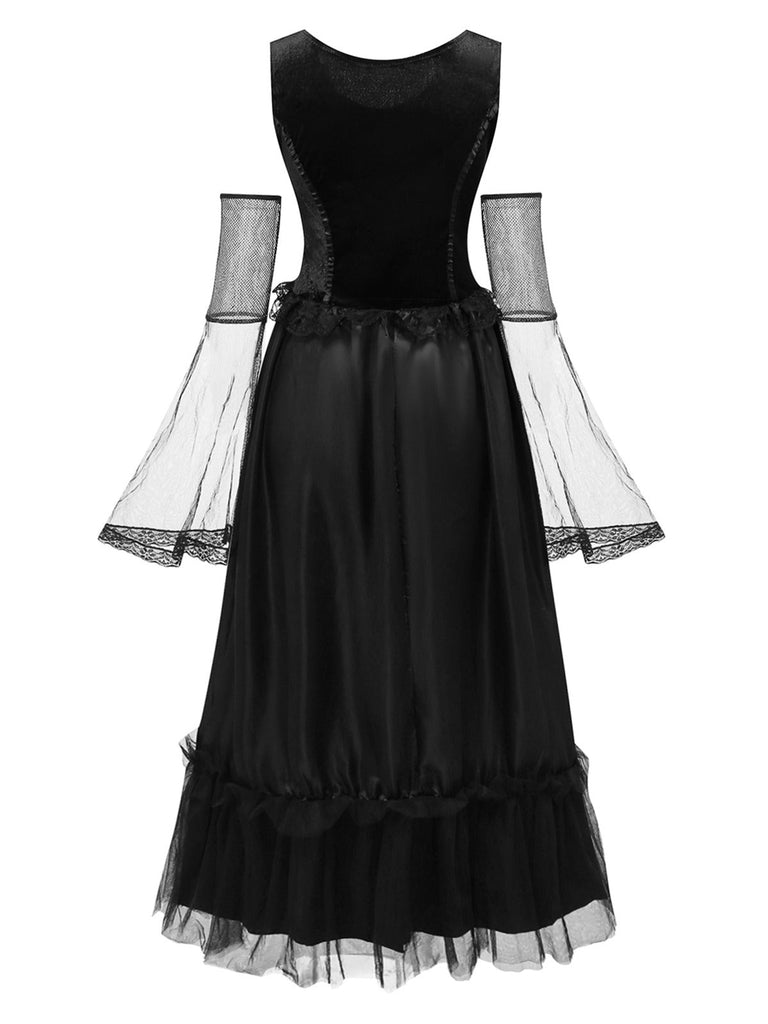 Abito patchwork in rete con mantello Halloween nero anni '80