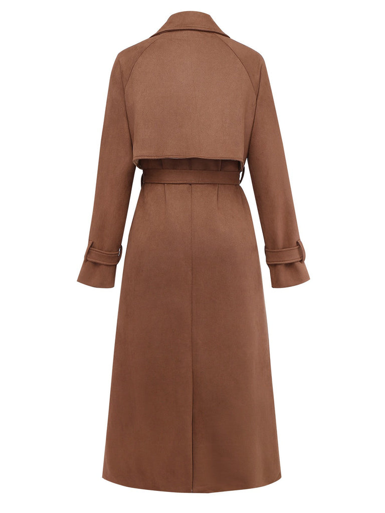 Cappotto doppiopetto in pelle scamosciata con revers marrone anni '50