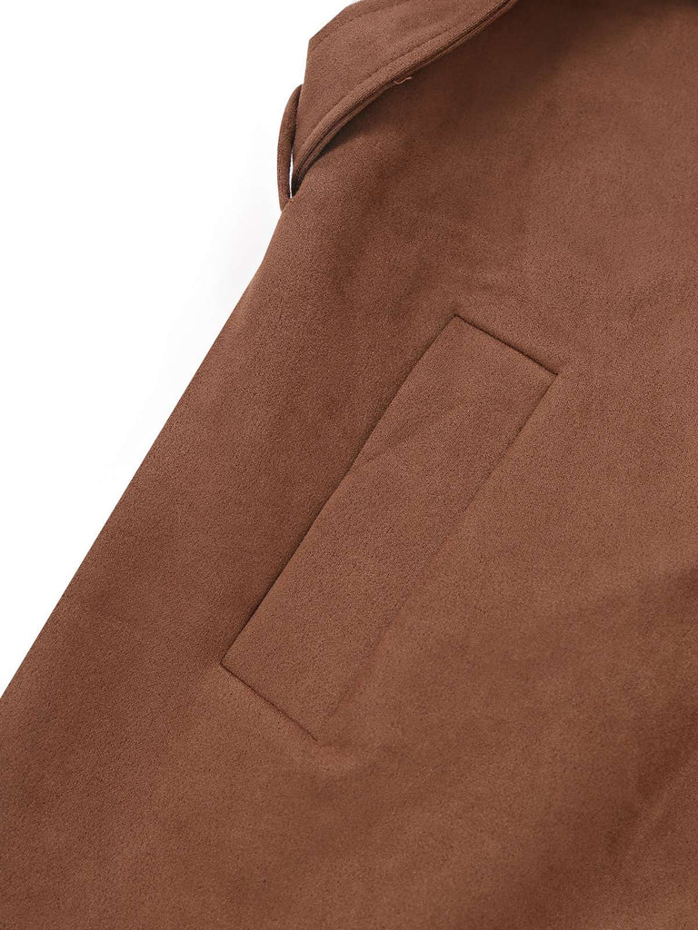 Cappotto doppiopetto in pelle scamosciata con revers marrone anni '50