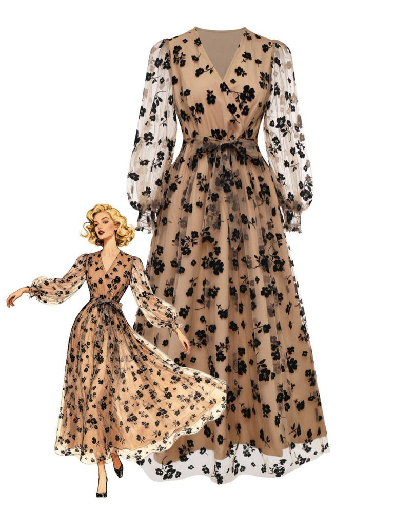 Abito floreale con scollo a V in rete floccata beige anni '30