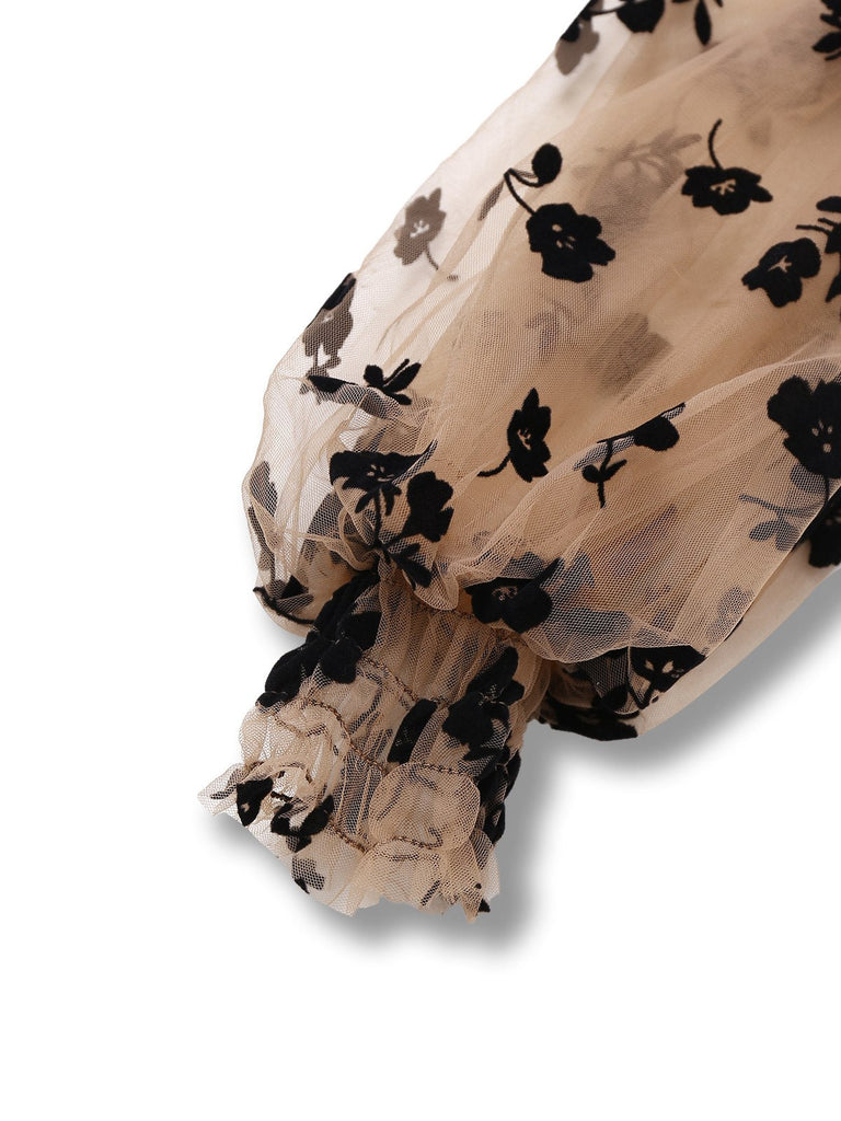 Abito floreale con scollo a V in rete floccata beige anni '30