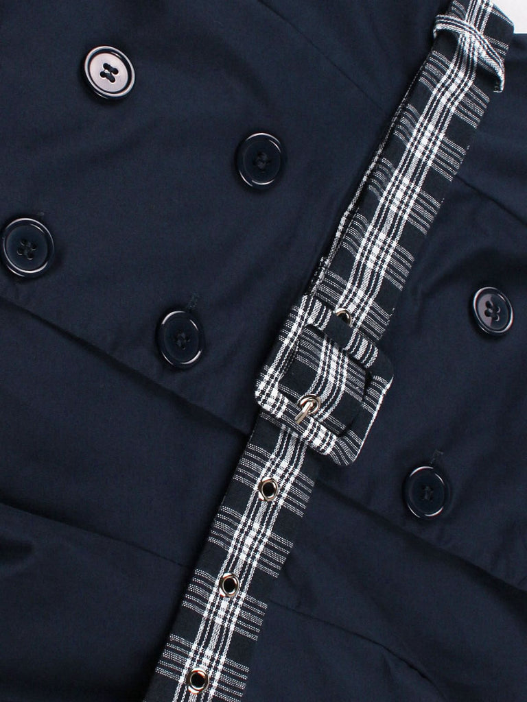 Abito doppiopetto a quadri con cintura blu anni '50