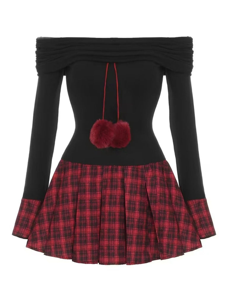 Abito plissettato a quadri con spalle scoperte nero anni '60