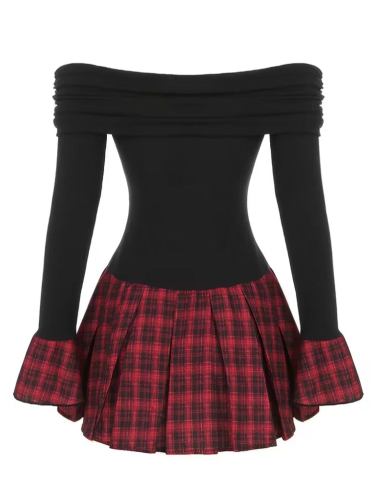 Abito plissettato a quadri con spalle scoperte nero anni '60